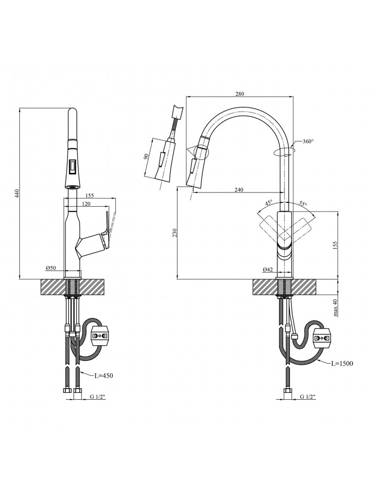 Змішувач для кухні з висувним виливом Kroner KRP Graz - GRP030-T | купити | SilverGoose.com.ua.com.ua