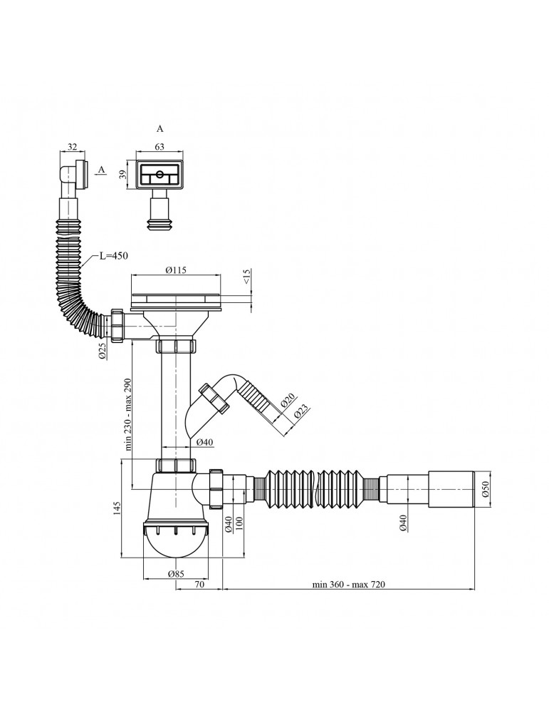Сифон для кухонної мийки Kroner KRP - KS02-1 3 1/2"х40/50 мм з відводом для пральної машини, з квадратним переливом | купити | S