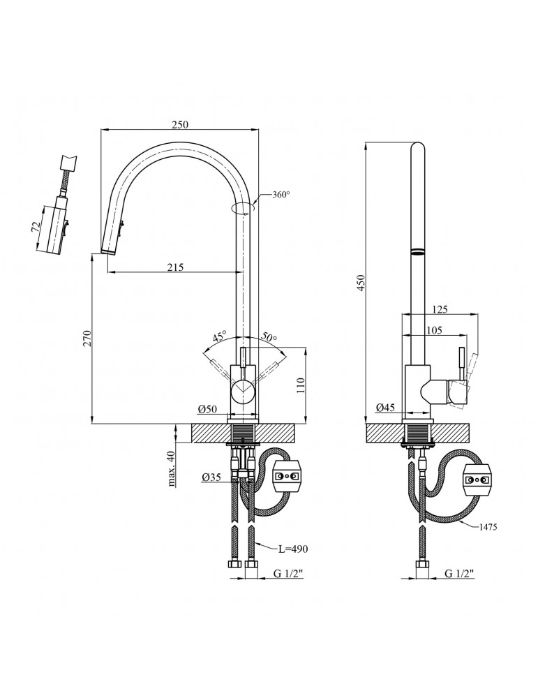Змішувач для кухні з висувним виливом Kroner KRP Edelstahl Klassisch - SCH03915 | купити | SilverGoose.com.ua.com.ua