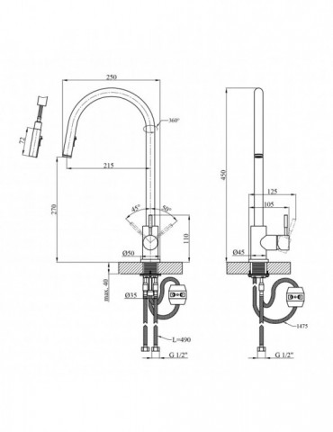 Змішувач для кухні з висувним виливом Kroner KRP Edelstahl Klassisch - PVD03915 | купити | SilverGoose.com.ua.com.ua