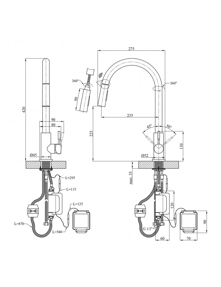 Змішувач для кухні з висувним виливом Kroner KRP Edelstahl Klassisch - PVD03916 сенсорний | купити | SilverGoose.com.ua.com.ua