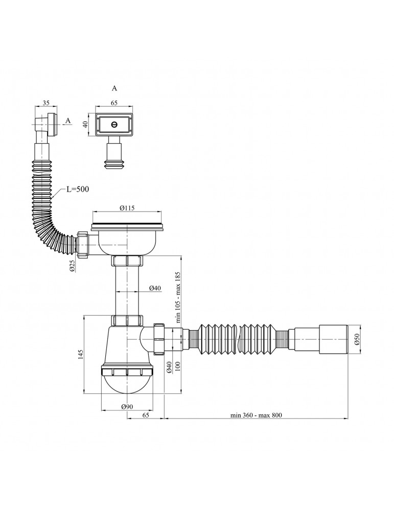 Сифон для кухонної мийки Agua KS02 3 1/2"х40/50 мм з різьбовим випуском, з квадратним переливом | купити | SilverGoose.com.ua.co