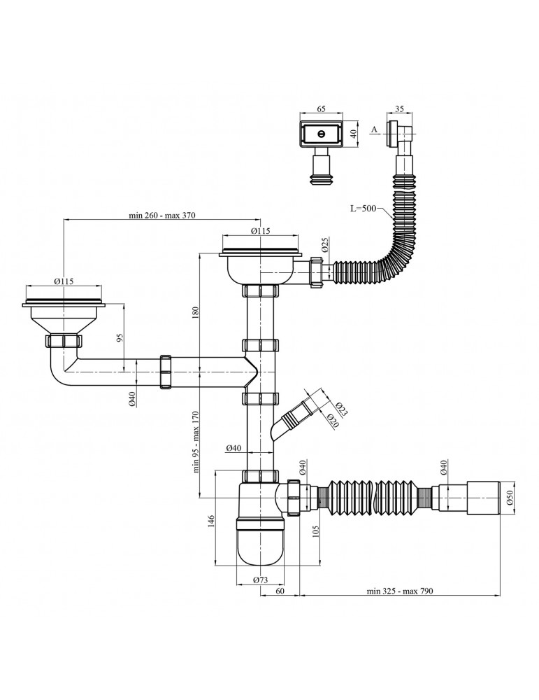 Сифон подвійний для кухонної мийки Agua KS04-1 3 1/2"х40/50 мм з відводом для пральної машини, з круглим переливом | купити | Si
