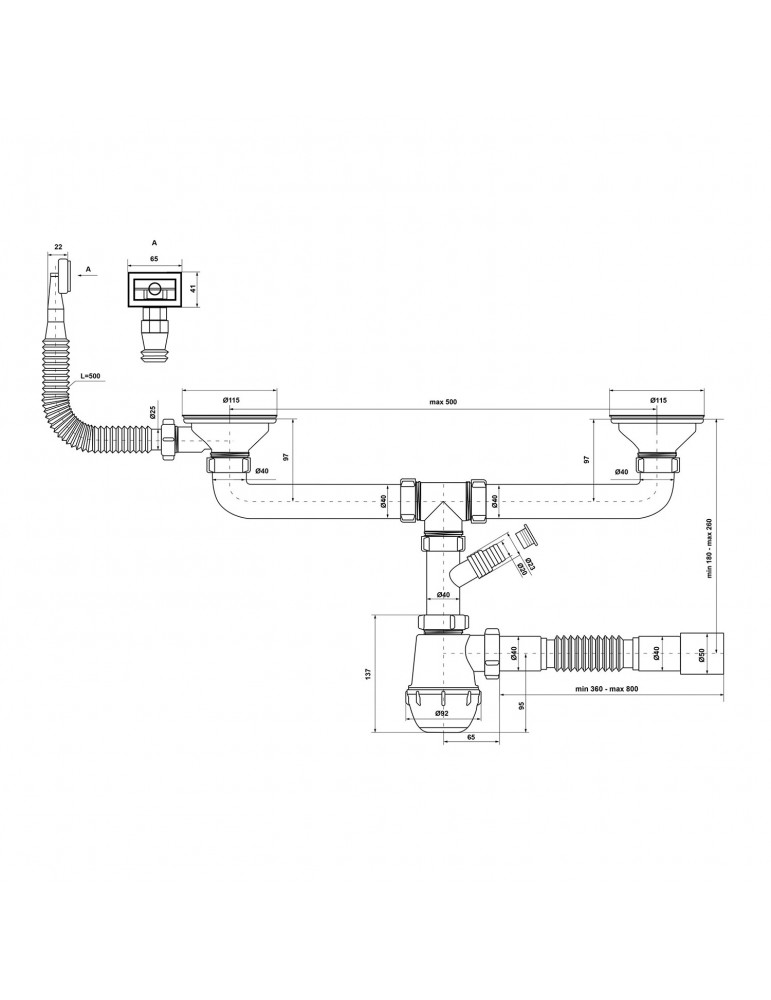 Сифон подвійний для кухонної мийки KronoPlast 3 1/2''х40 мм різьбовими випусками, з квадратний перелив SM45720343 | купити | Sil