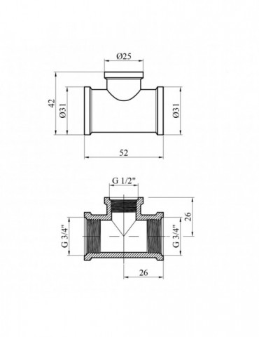 Трійник перехідний посилений LexLine 3/4"х1/2"х3/4" ВВВ латунний УК0212-В | купити | SilverGoose.com.ua.com.ua