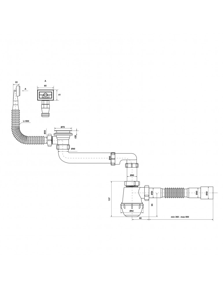 Сифон для кухонної мийки KronoPlast 1 1/2''х40 мм з різьбовим випуском, зміщений з переливом прямокутним SM86010343 | купити | S