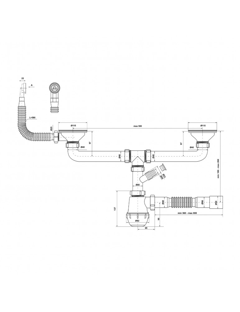 Сифон подвійний для кухонної мийки KronoPlast 3 1/2''х40 мм з різьбовими випусками, з відводом для пральної машини, круглим пере