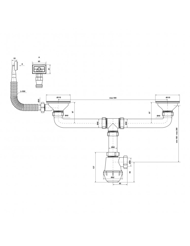 Сифон подвійний для кухонної мийки KronoPlast 3 1/2''х40 мм з різьбовими випусками, прямокутним переливом SM45710300 | купити | 