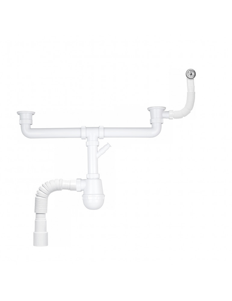Сифон подвійний для кухонної мийки KronoPlast 1 1/2''х40 мм з різьбовими випусками, відводом для пральної машини з круглим перел