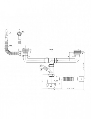 Сифон подвійний для кухонної мийки KronoPlast 1 1/2''х40 мм з різьбовими випусками, відводом для пральної машини з круглим перел