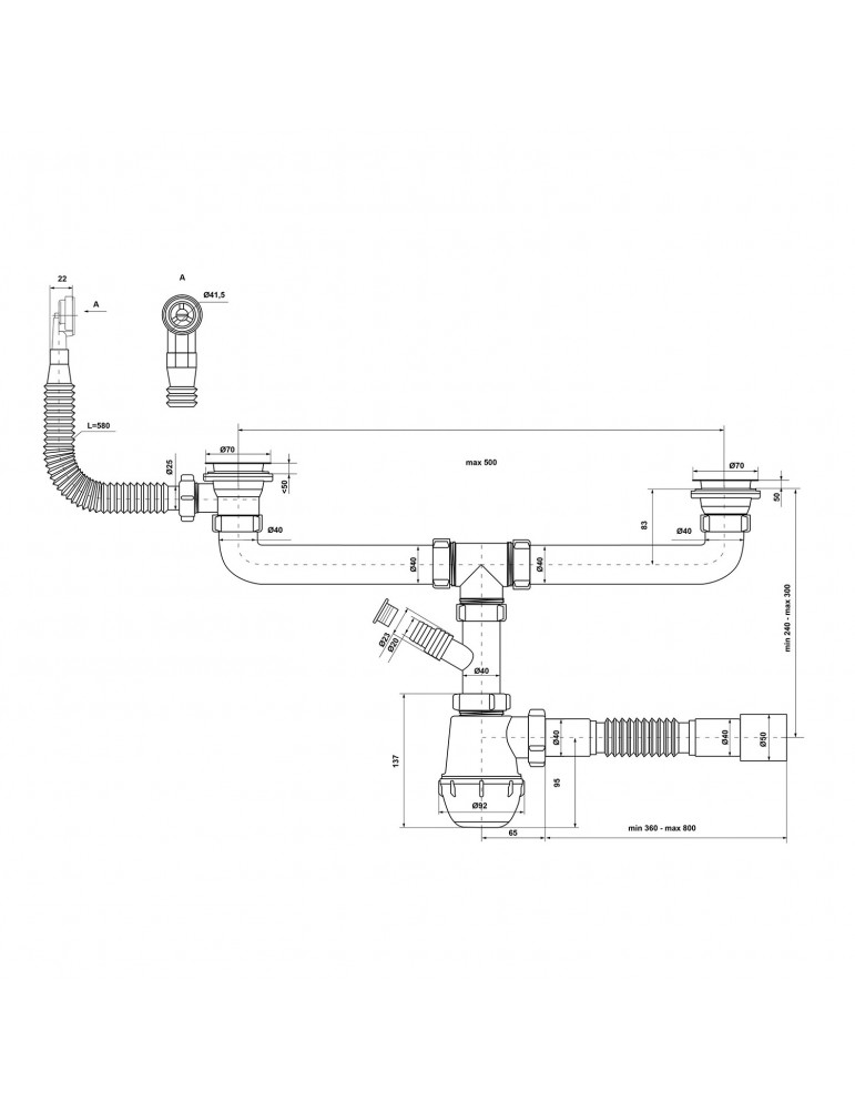 Сифон подвійний для кухонної мийки KronoPlast 1 1/2''х40 мм з різьбовими випусками, відводом для пральної машини з круглим перел