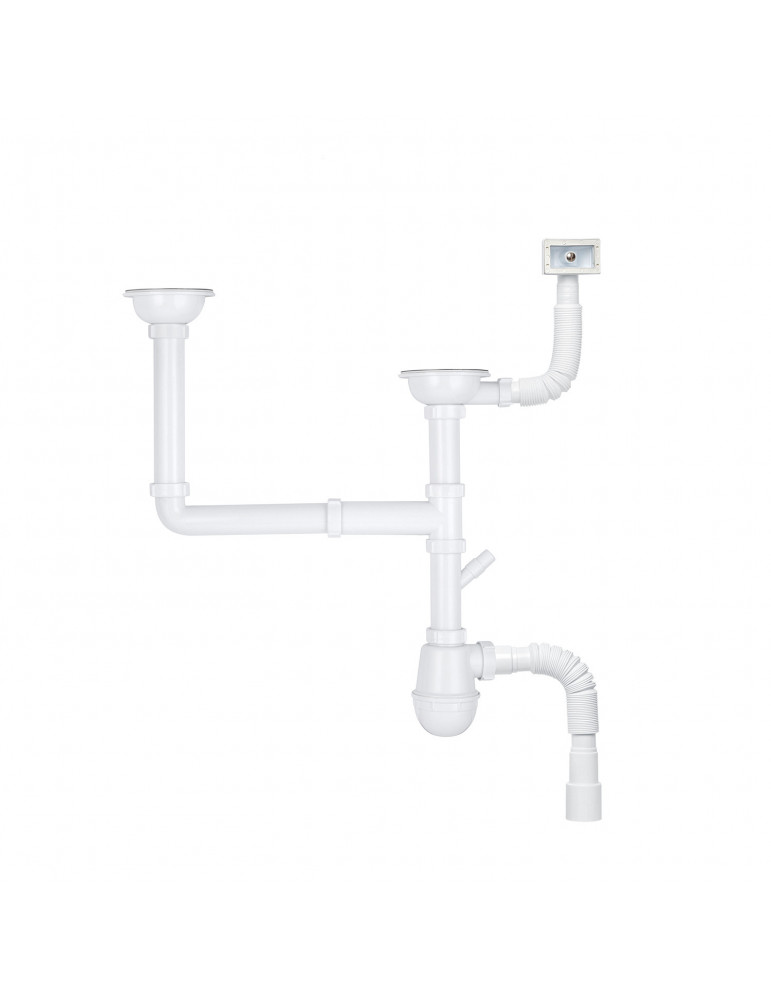 Сифон для кухонної мийки KronoPlast 3 1/2''х40 мм різнорівневий зміщений з відводом для пральних машин, з прямокутним переливом 