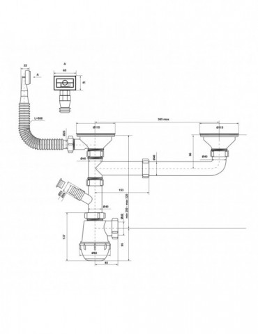 Сифон для кухонної мийки KronoPlast 3 1/2''х40 мм різнорівневий зміщений з відводом для пральних машин, з прямокутним переливом 