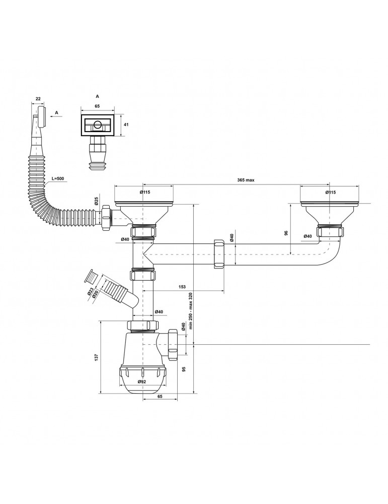 Сифон для кухонної мийки KronoPlast 3 1/2''х40 мм різнорівневий зміщений з відводом для пральних машин, з прямокутним переливом 