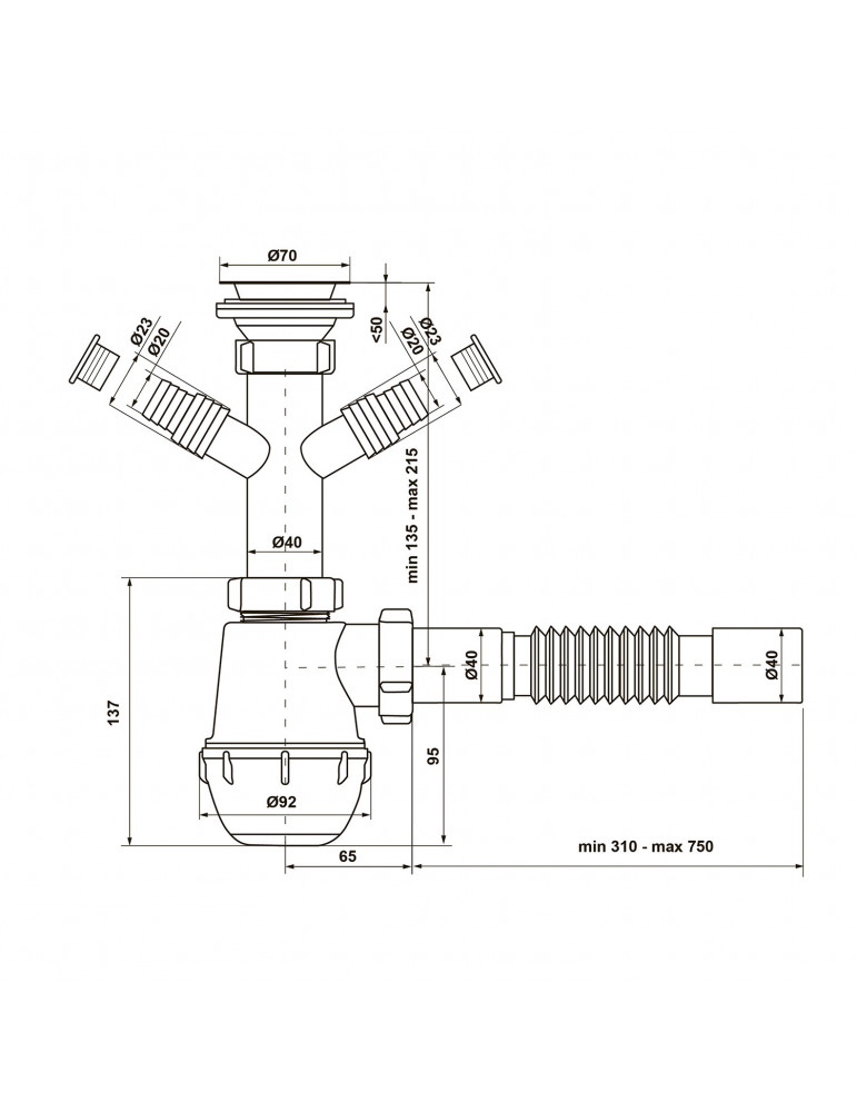 Сифон для кухонної мийки KronoPlast 1 1/2''х40 мм з різьбовим випуском, відводом для пральної/посудомийної машини SM14030042 | к