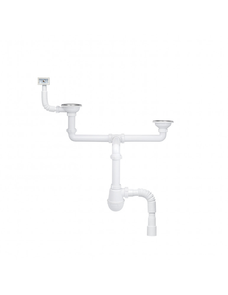 Сифон подвійний для кухонної мийки KronoPlast 3 1/2''х40 мм зміщений з різьбовими випусками з прямокутним переливом SM45770343 |