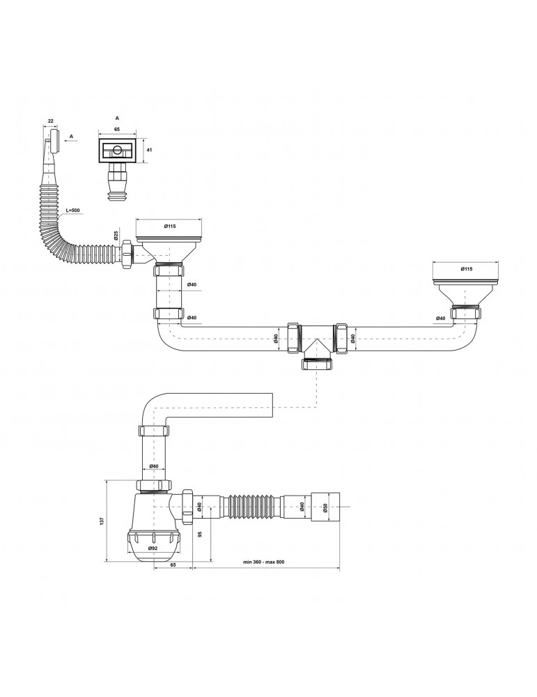 Сифон подвійний для кухонної мийки KronoPlast 3 1/2''х40 мм зміщений з різьбовими випусками з прямокутним переливом SM45770343 |