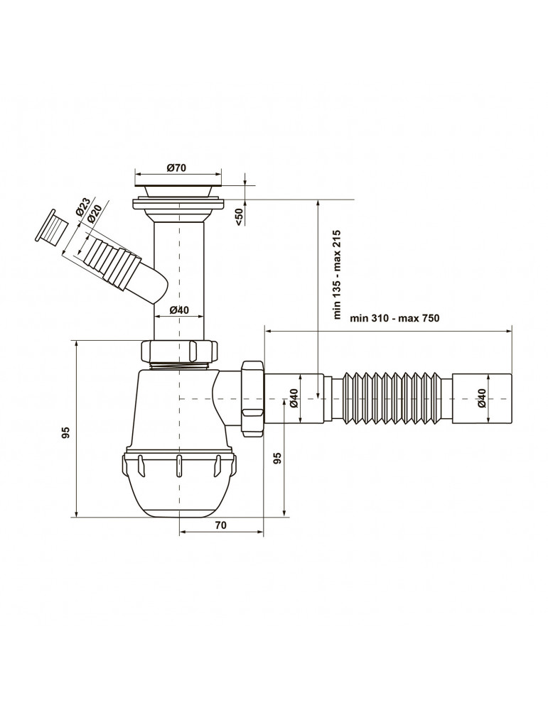 Сифон для кухонної мийки KronoPlast 1 1/2''х40 мм з литим випуском, відводом для пральної машини SM13000042 | купити | SilverGoo
