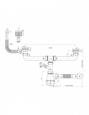 Сифон подвійний для кухонної мийки KronoPlast 1 1/2''х40 мм з різьбовими випусками, відводом для пральної машини, з прямокутним 