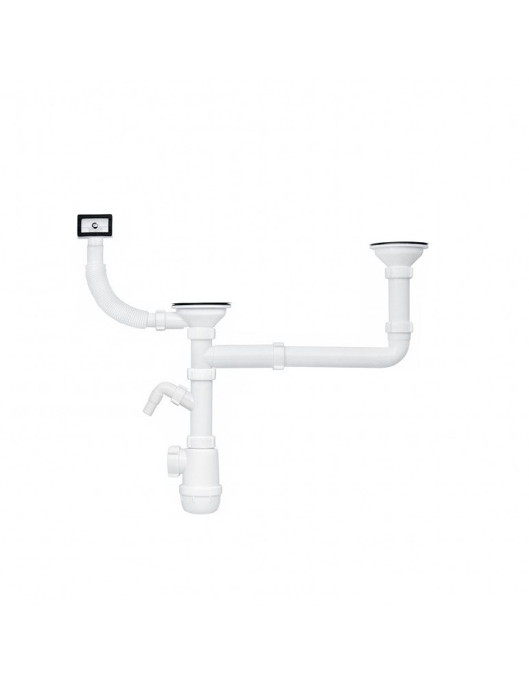 Сифон подвійний для кухонної мийки ANIplast 1/2''х40 мм різнорівневий зміщений з відводом для пральних машин, з прямокутним пере