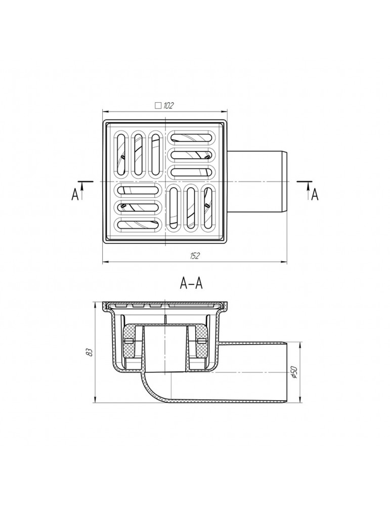 Трап ANIplast з горизонтальним випуском 50 мм, з нержавіючою решіткою 10х10 см TQ5102EU | купити | SilverGoose.com.ua.com.ua