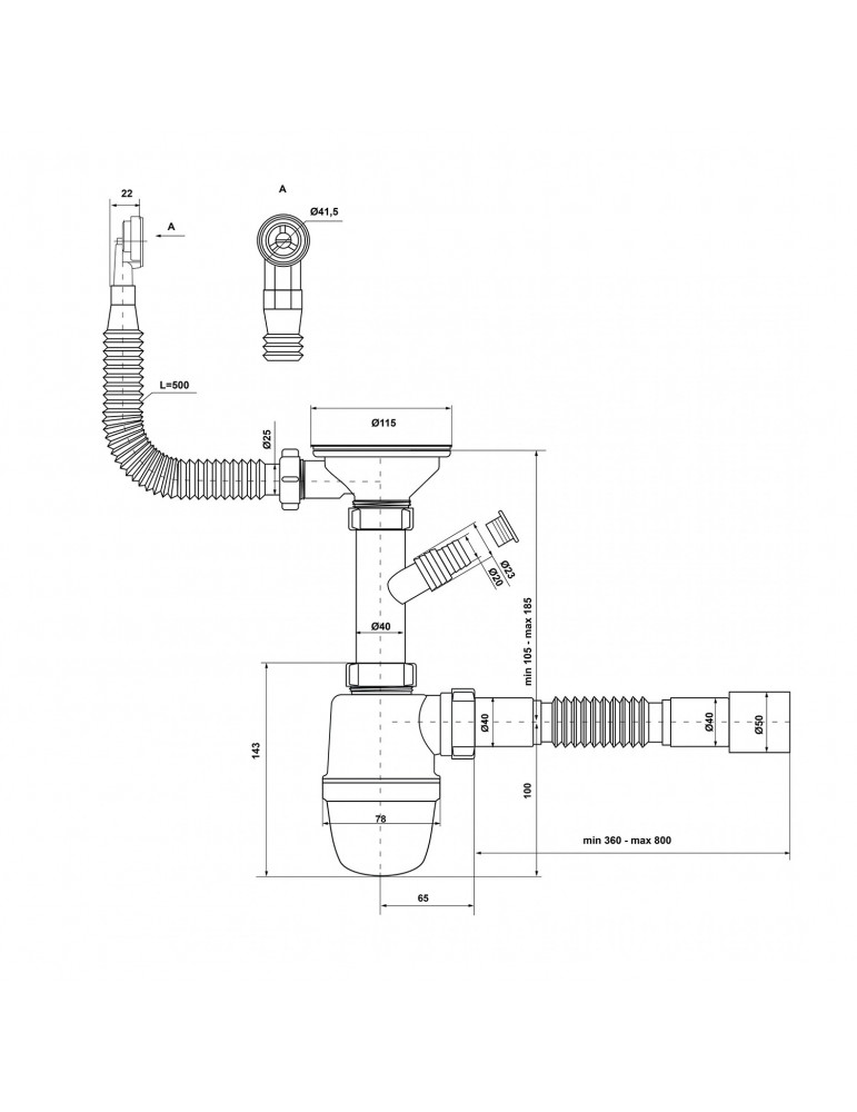 Сифон для кухонної мийки KronoPlast 3 1/2''х40 мм з відводом для пральної машини SY27020243 | купити | SilverGoose.com.ua.com.ua