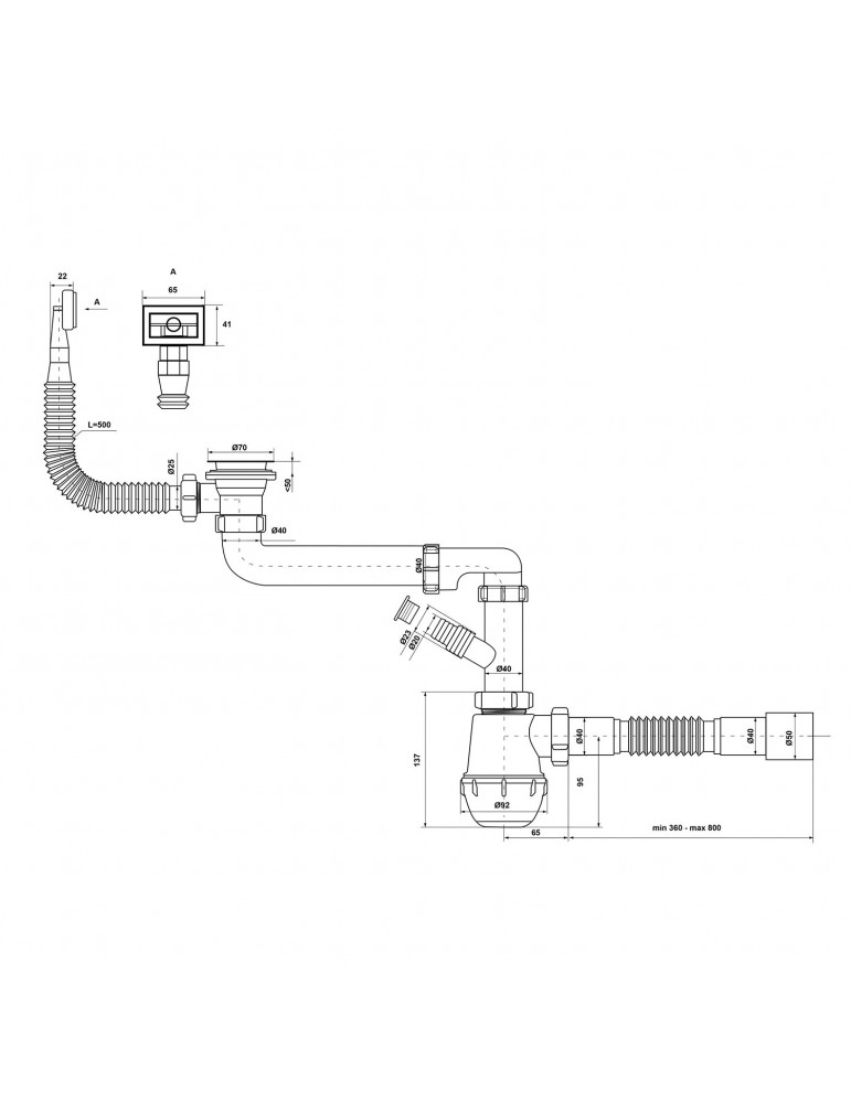 Сифон для кухонної мийки KronoPlast 1 1/2''х40 мм з різьбовим випуском зміщений з відводом для пральної машини SM86020343 | купи