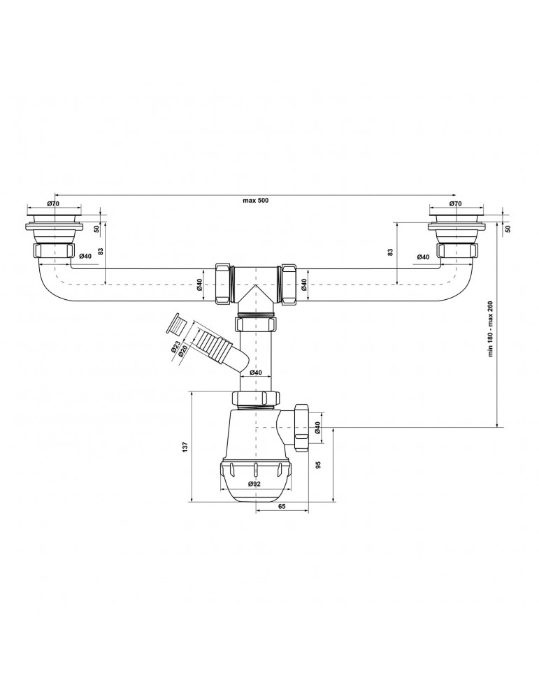Сифон подвійний для кухонної мийки KronoPlast 3 1/2''х40 мм з різьбовими випусками, відведенням для пральної машини SM34420000 |