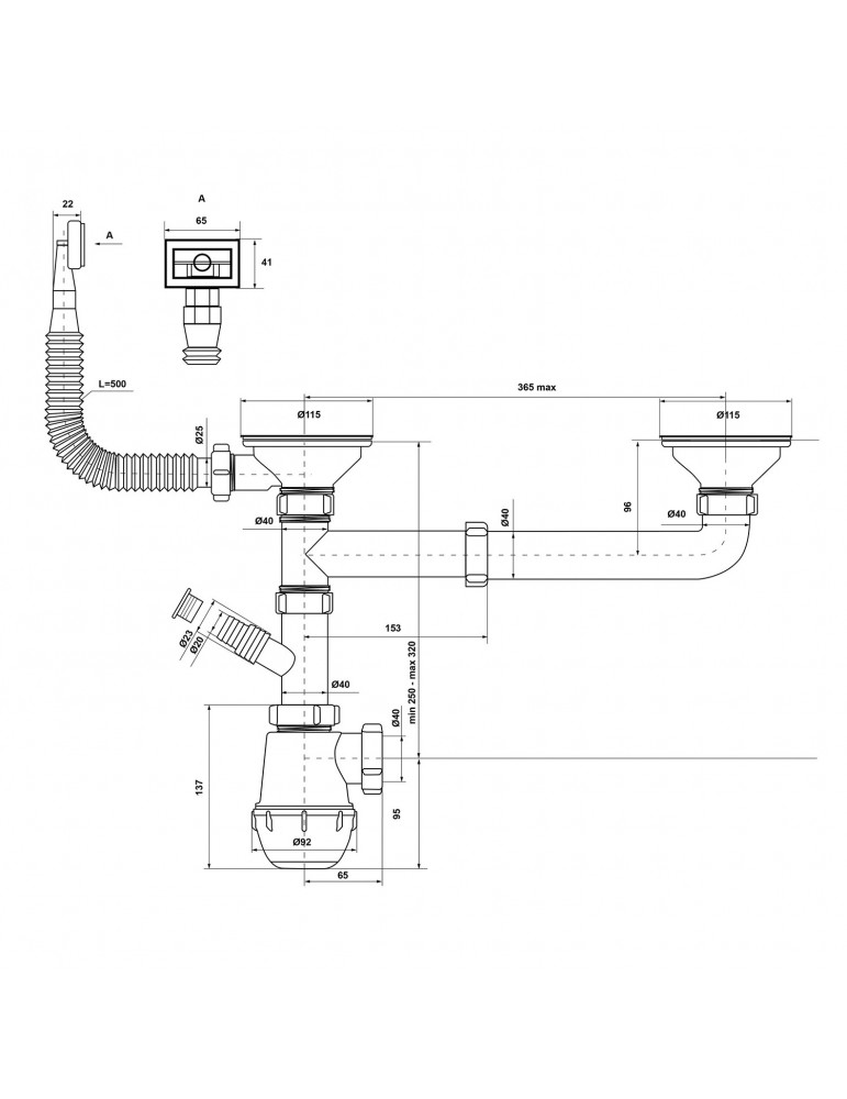 Сифон подвійний для кухонної мийки KronoPlast 3 1/2''х40 мм зміщений з різьбовими випусками з відводом для пральної машини, з пр