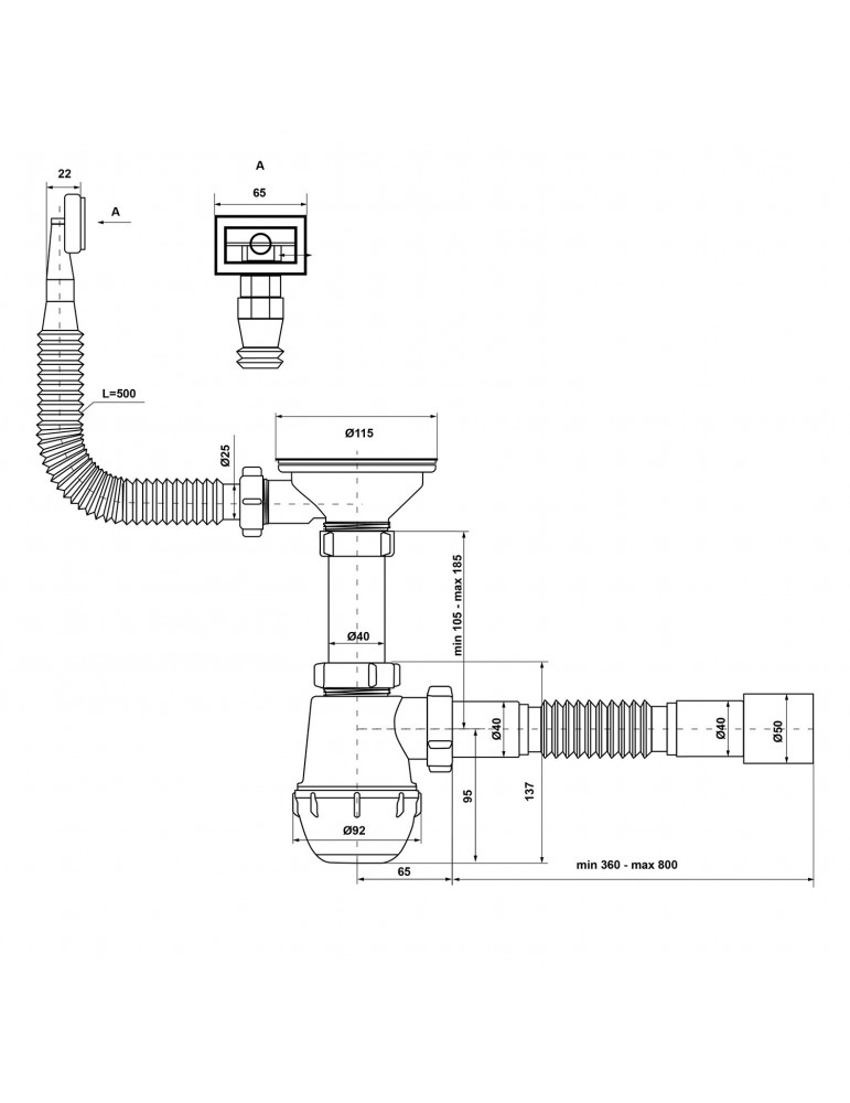 Сифон для кухонної мийки KronoPlast 3 1/2''х40 мм з різьбовим випуском, з квадратним переливом SM27010343 (EM1050) | купити | Si