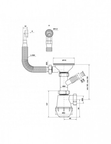 Сифон для кухонної мийки KronoPlast 3 1/2''х40 мм з різьбовим випуском, відводом для пральної машини, з круглим переливом SM2702
