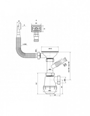 Сифон для кухонної мийки KronoPlast 3 1/2''х40 мм з різьбовим випуском, відводом для пральної машини, з прямокутним переливом SM