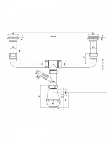 Сифон подвійний для кухонної мийки KronoPlast 1 1/2''х40 мм різнорівневий з різьбовими випусками, відводом для пральної машини S